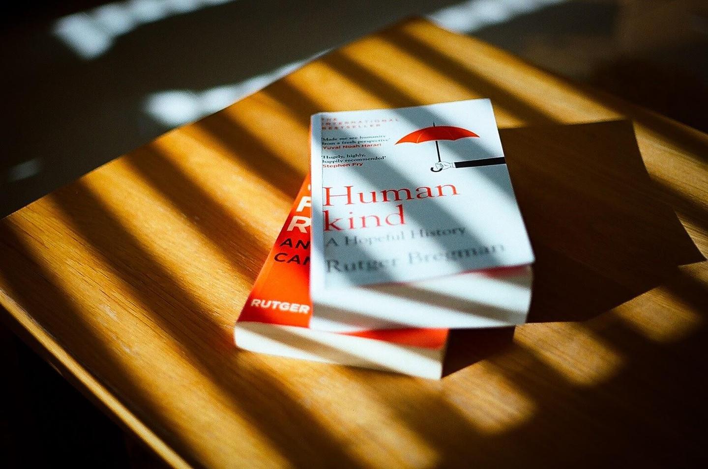 Two books are stacked on a wooden surface with strong shadows cast across them.