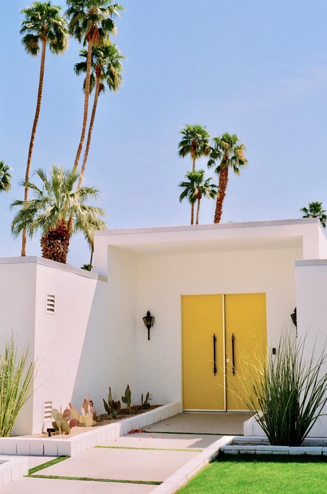 A white building with a bright yellow door is surrounded by palm trees and desert plants under a clear sky.