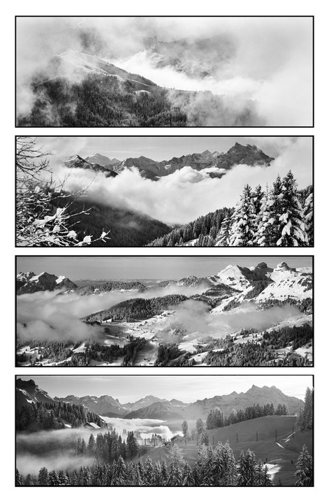 Four black and white landscape photographs show a mountain range with clouds and fog at different times of day.