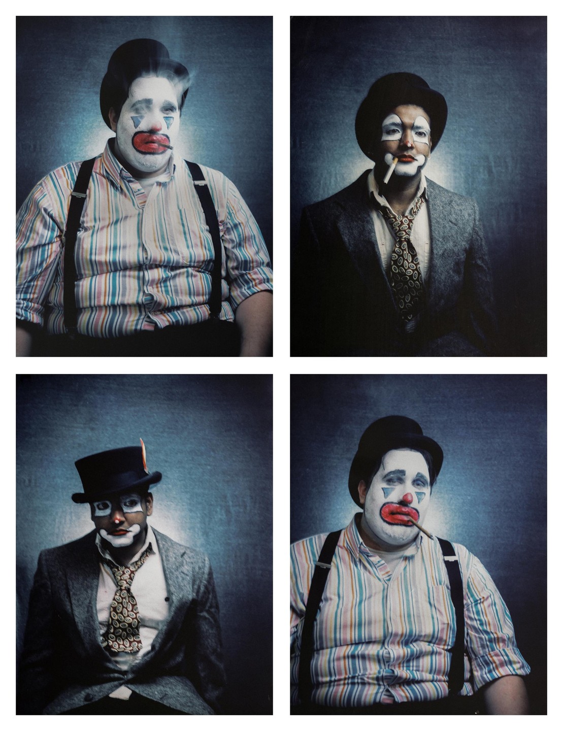 Four portraits of men in clown makeup and costume are arranged in a grid.