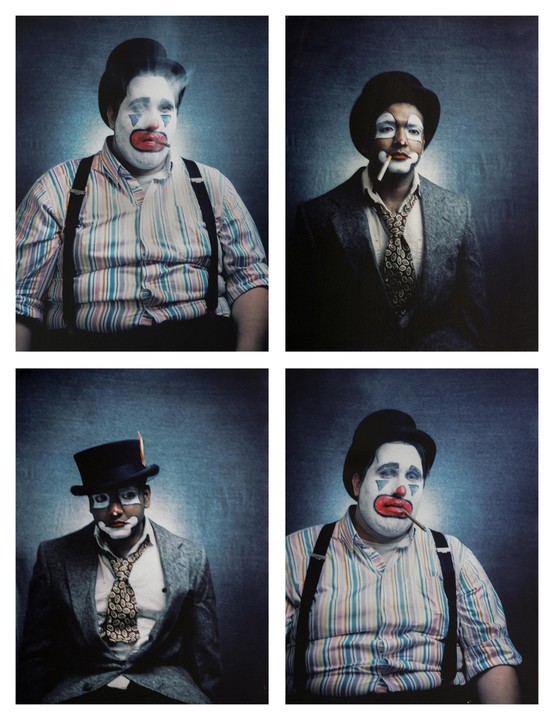 Four portraits of men in clown makeup and costume are arranged in a grid.