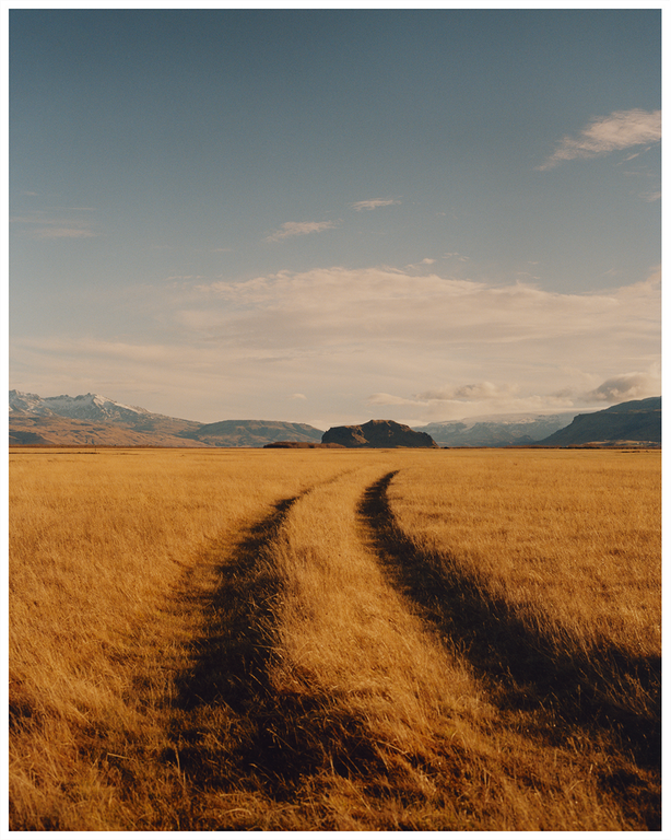 A dirt track cuts through a vast field of golden grass towards distant mountains under a partly cloudy sky.