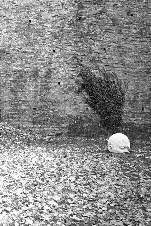A large head sculpture is partially buried in a ground covered with leaves next to a brick wall with ivy.