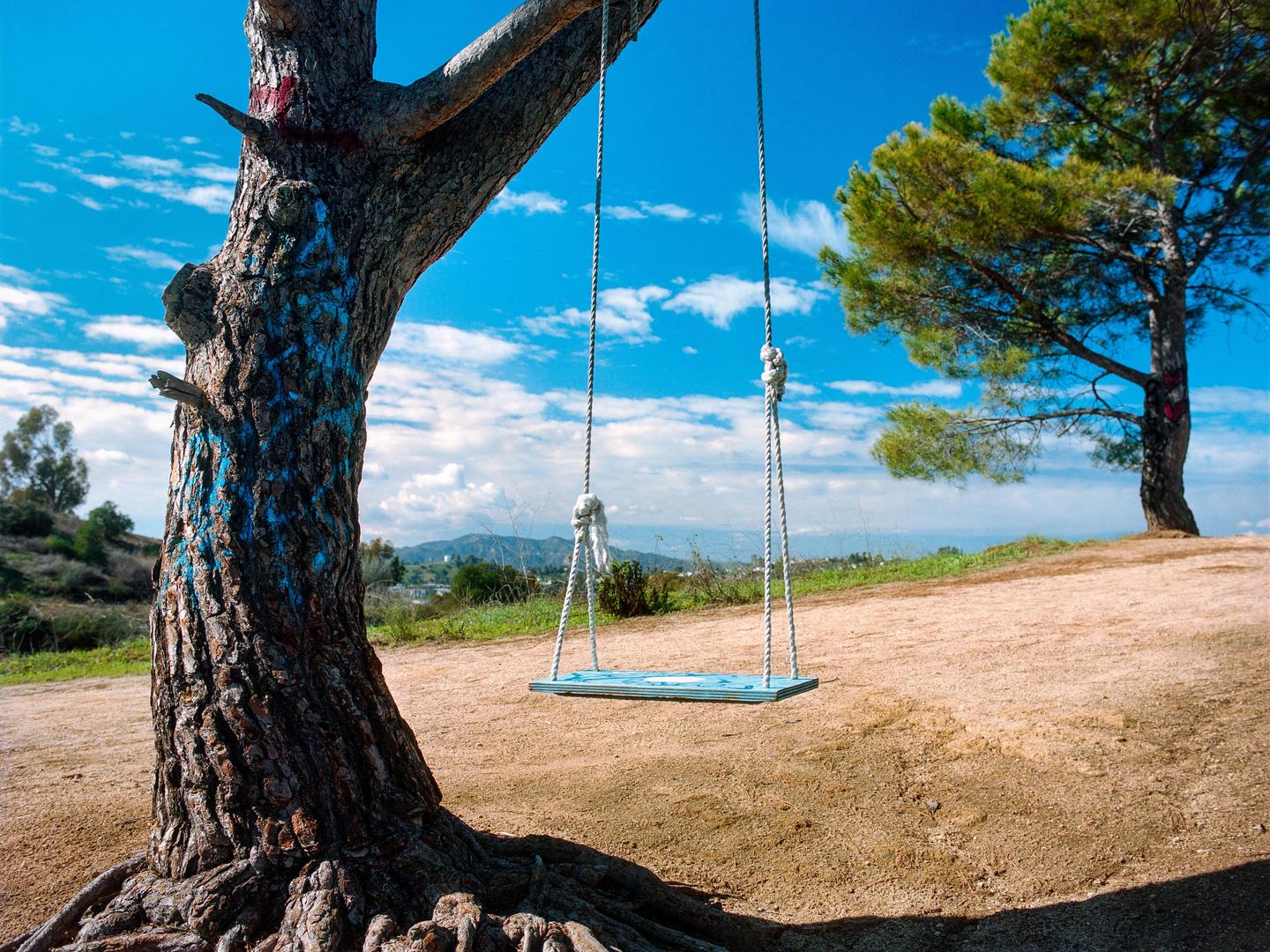 A swing hangs from a tree on a hill overlooking a valley under a blue sky with clouds.