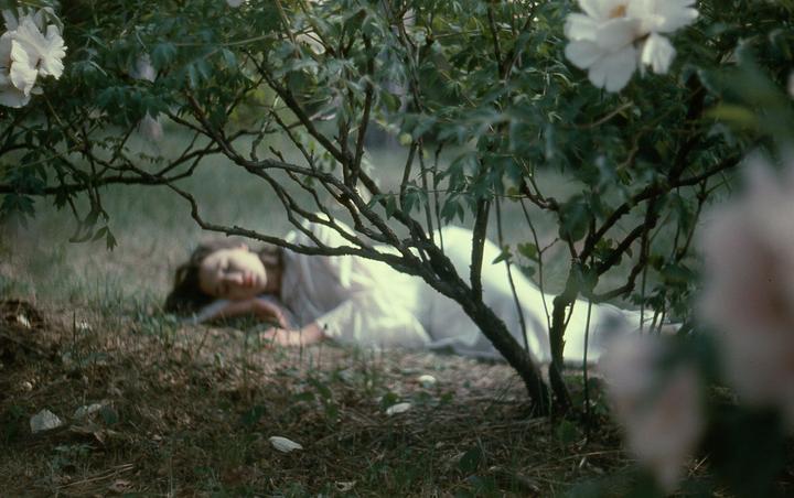 A woman in a white dress is lying on the ground under a bush with white flowers.