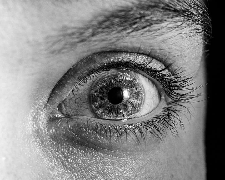 A close-up, black and white shot of an eye shows the iris, pupil, eyelashes, and eyebrow.