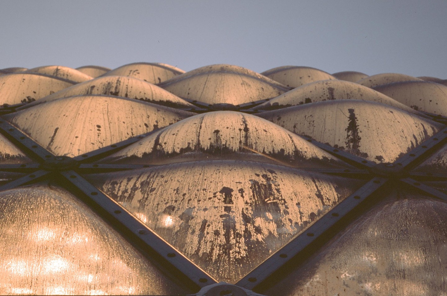 A close-up view shows a grid of dirty, bubble-shaped skylights against a clear sky.