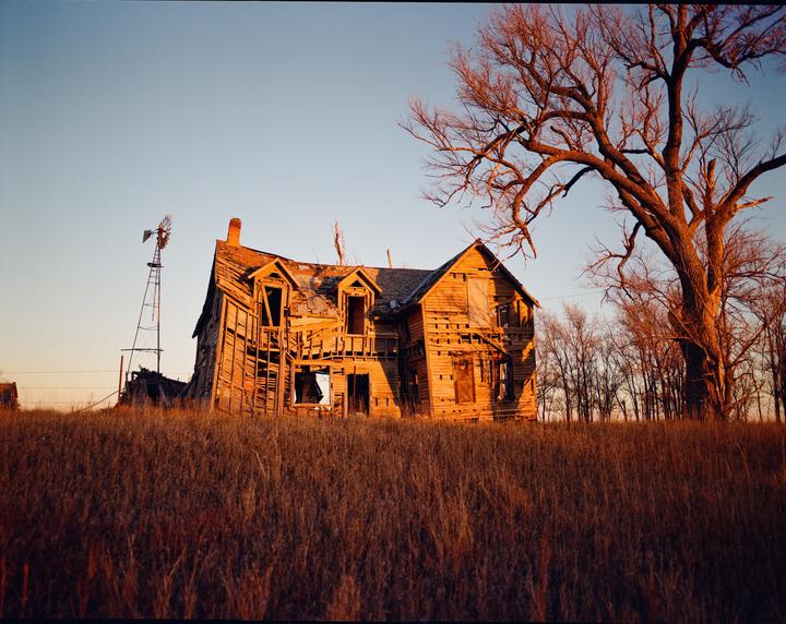An abandoned wooden house stands in a field of tall grass next to a large bare tree and a windmill at sunset.