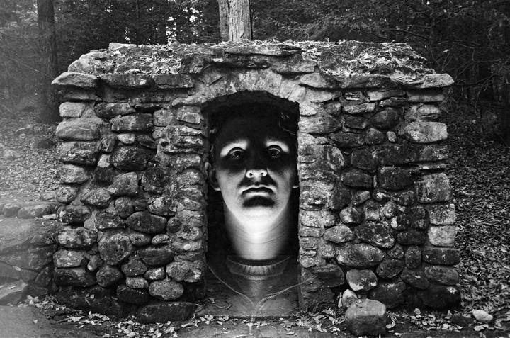 A man's head is visible in a stone structure in a forest.