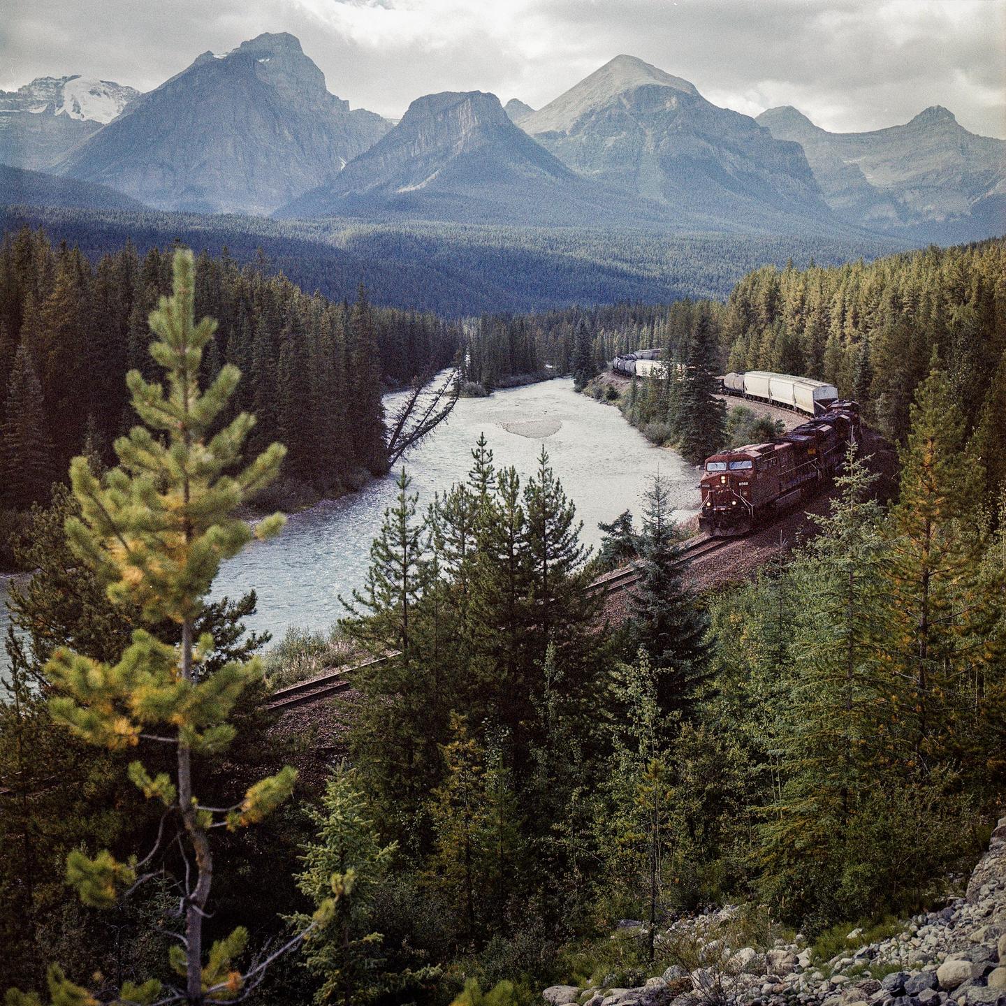 A train travels along a river through a forest with mountains in the background.