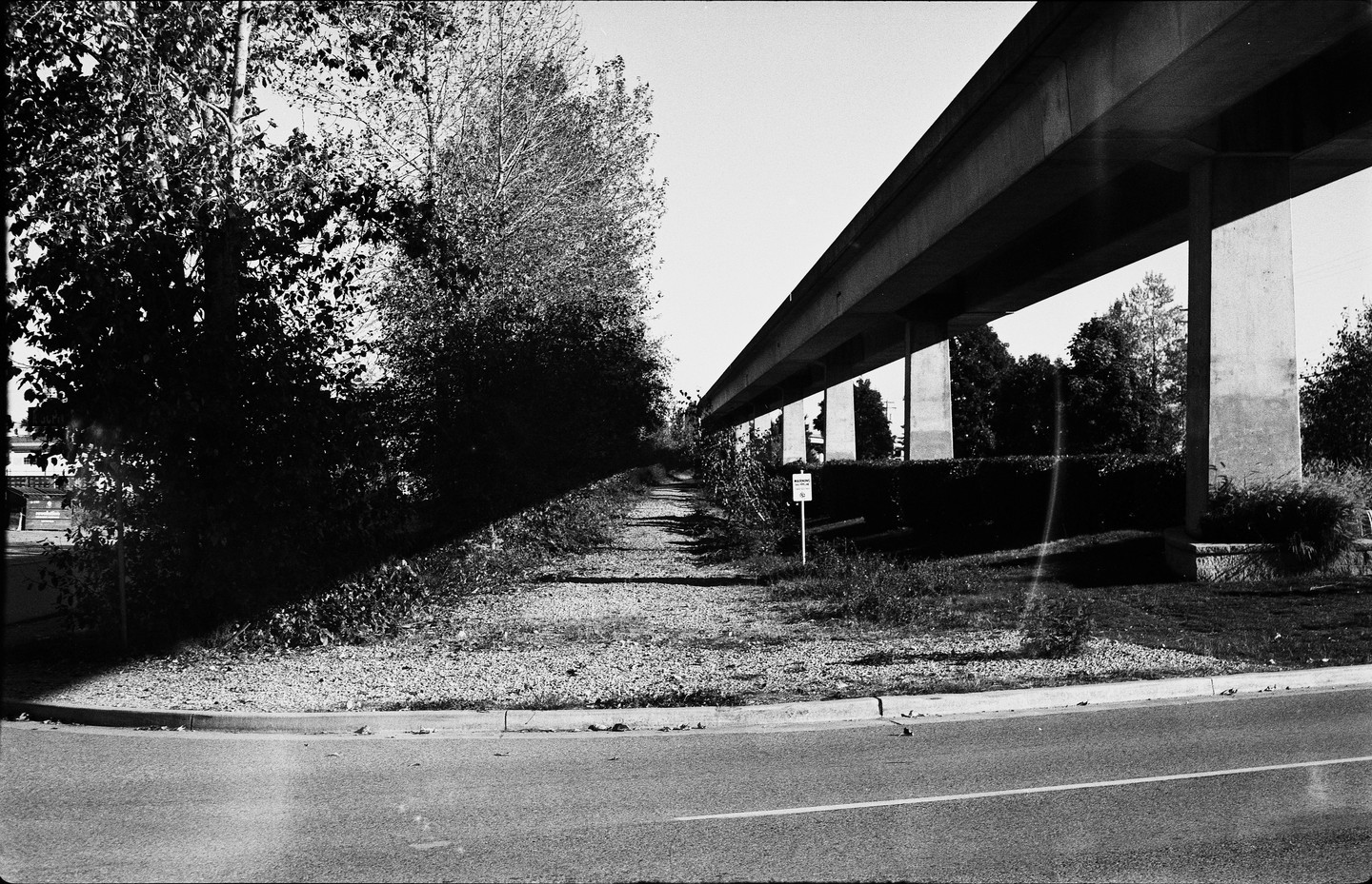 A long shadow from a tree cuts across a dirt path next to a road and under an overpass.