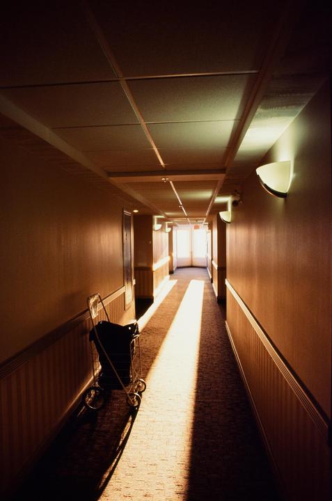 A long, empty hotel hallway is illuminated by a bright strip of sunlight on the carpet.