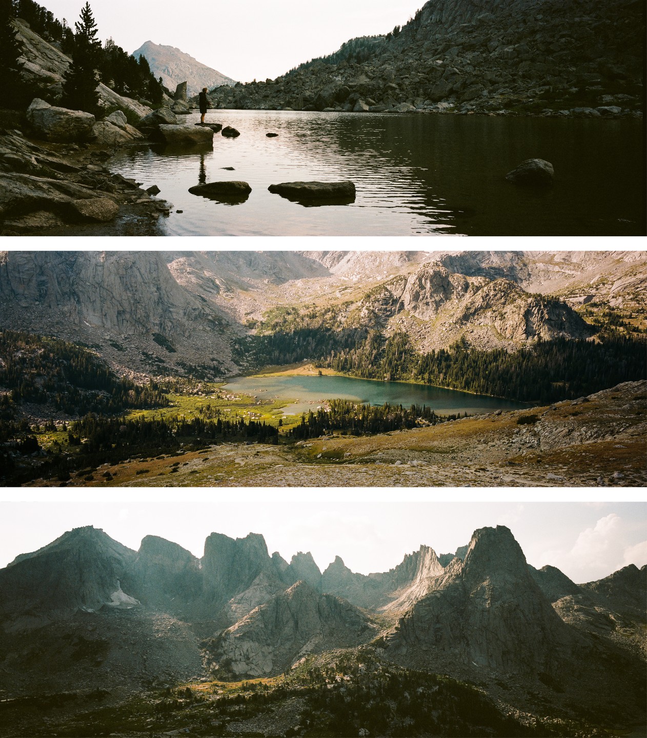 A triptych shows a person standing by a lake, a valley with a lake, and a mountain range.