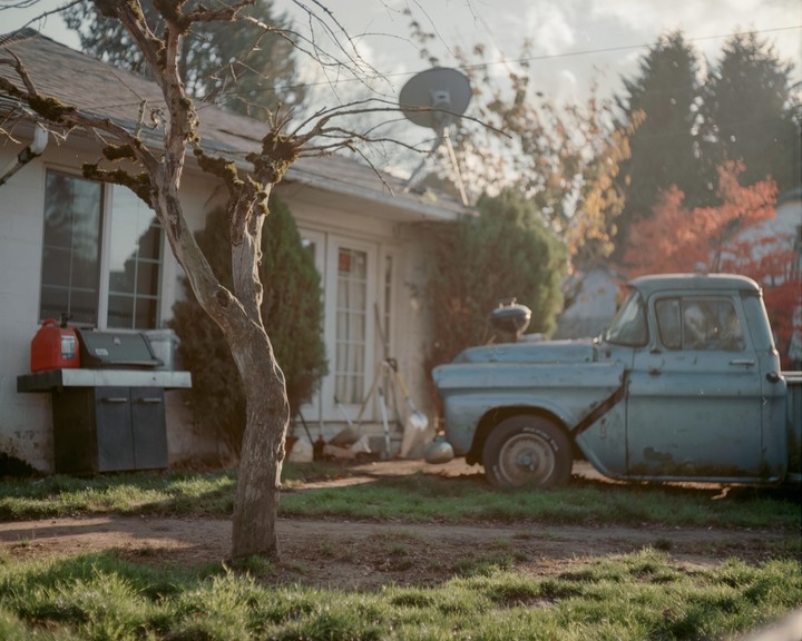 A light blue pickup truck is parked in a grassy yard next to a house with a bare tree in the foreground.