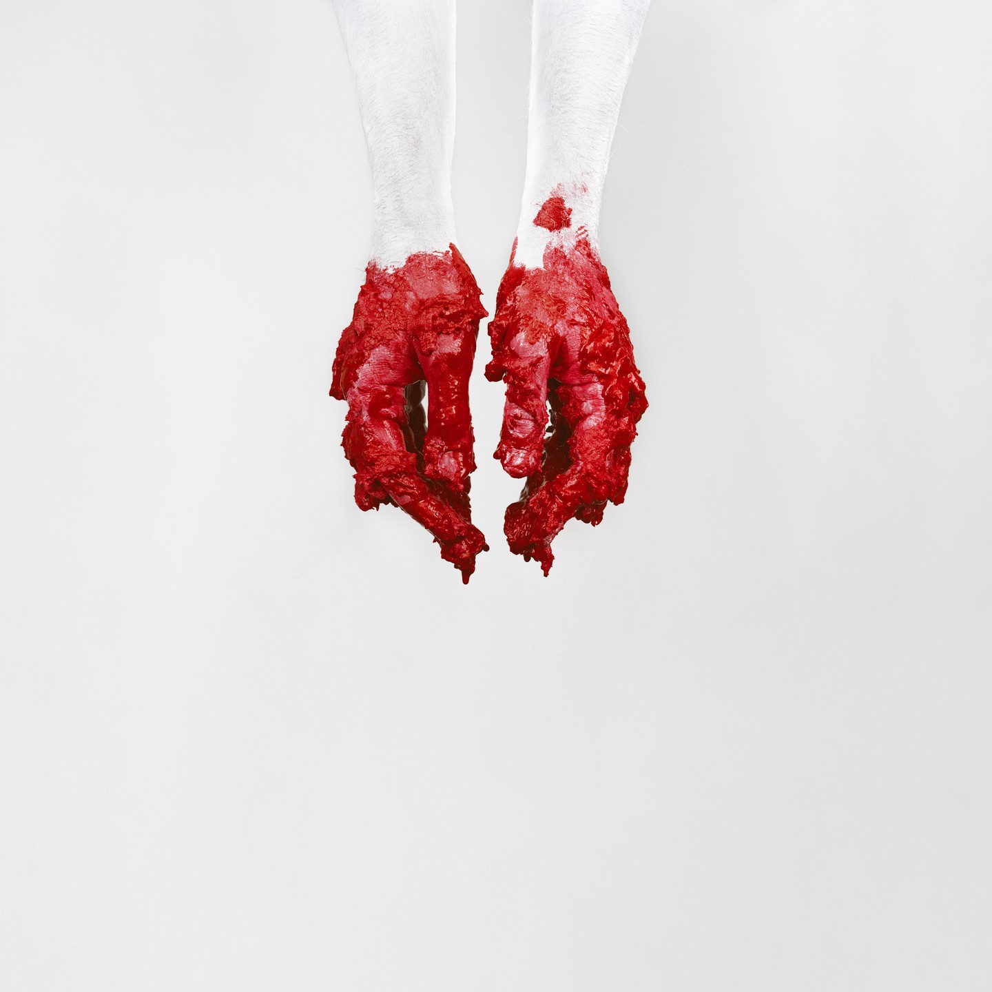 Two hands with white forearms and red-painted hands are shown against a white background.