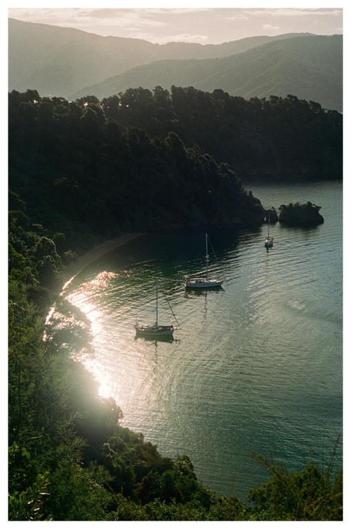 Three sailboats are anchored in a calm inlet surrounded by lush, forested hills under a hazy sky.