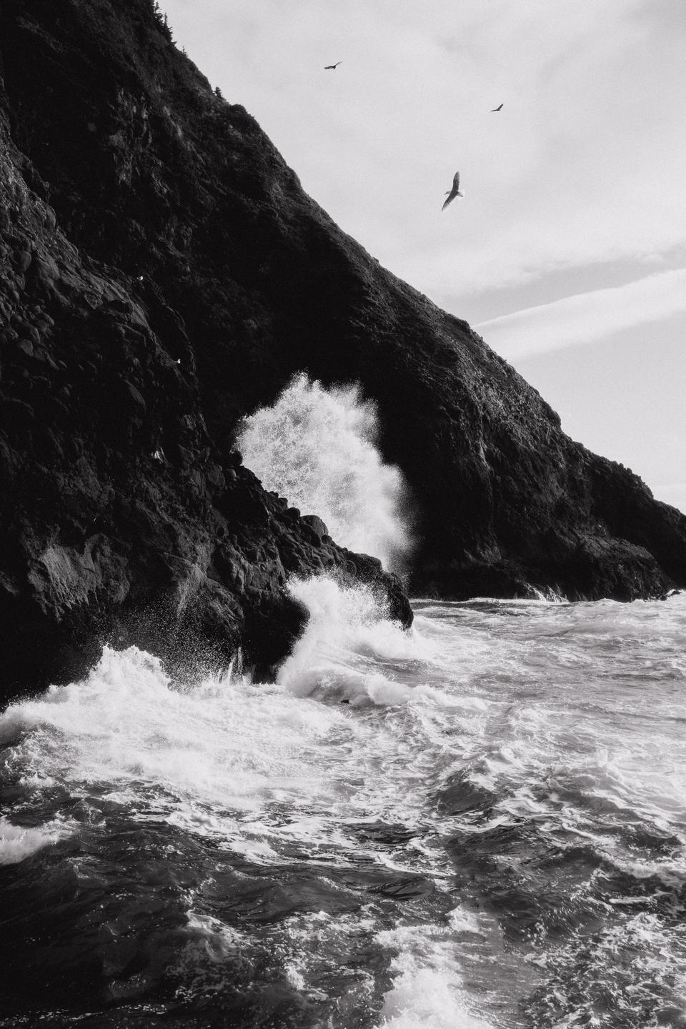 Waves crash against a rocky cliff with birds flying overhead.