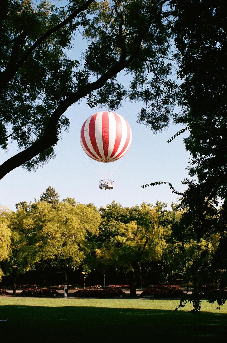 A red and white striped hot air balloon floats above a park with green trees and grass.