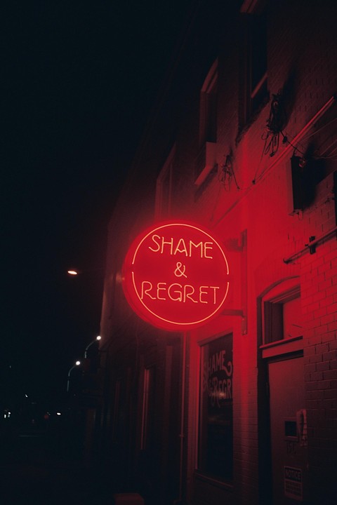 A red neon sign that reads "SHAME & REGRET" is mounted on a brick building at night.