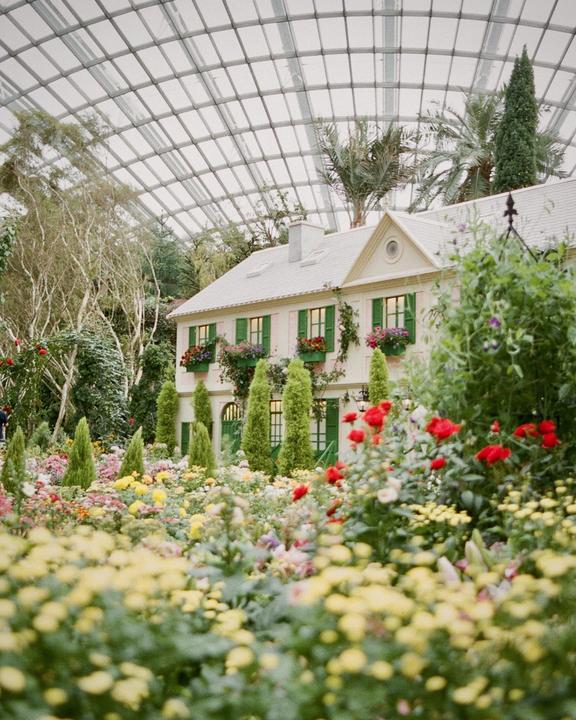 A house with green shutters and flower boxes is surrounded by a colorful garden under a glass dome.