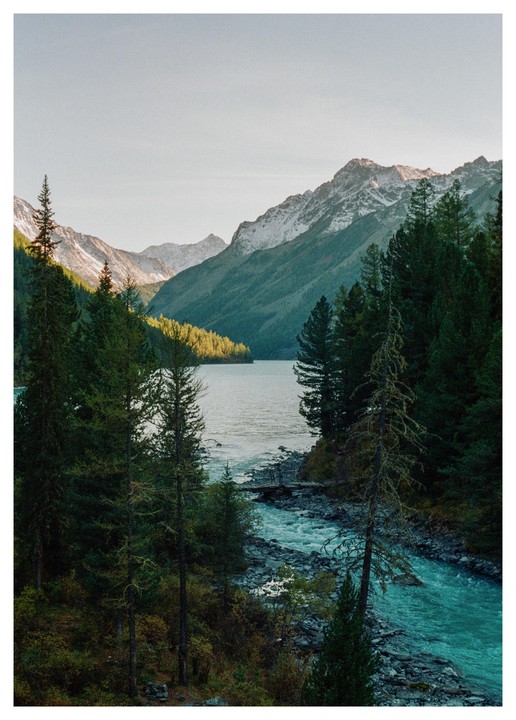 A river flows into a lake surrounded by a forest and snow-capped mountains.