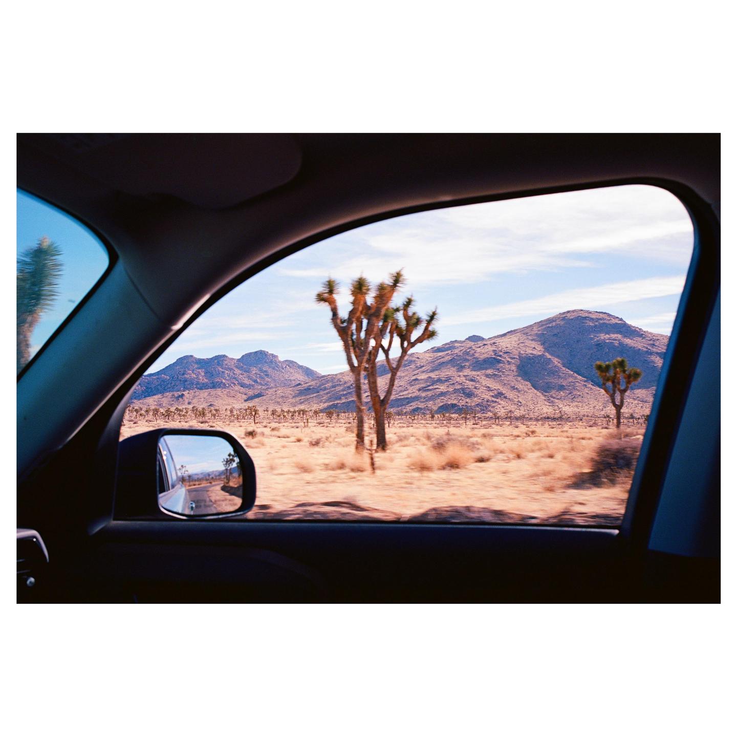 A desert landscape with Joshua trees and mountains is visible through a car window.