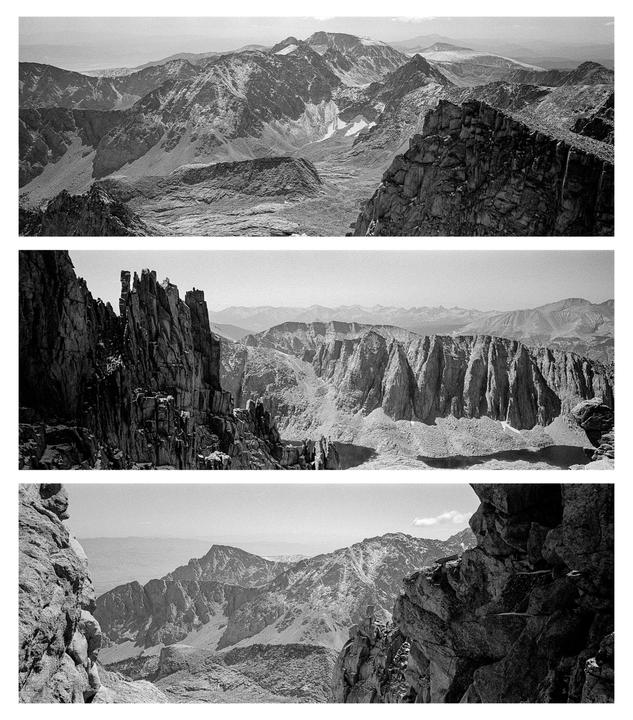 Three black and white panoramic images show different views of a mountainous landscape.