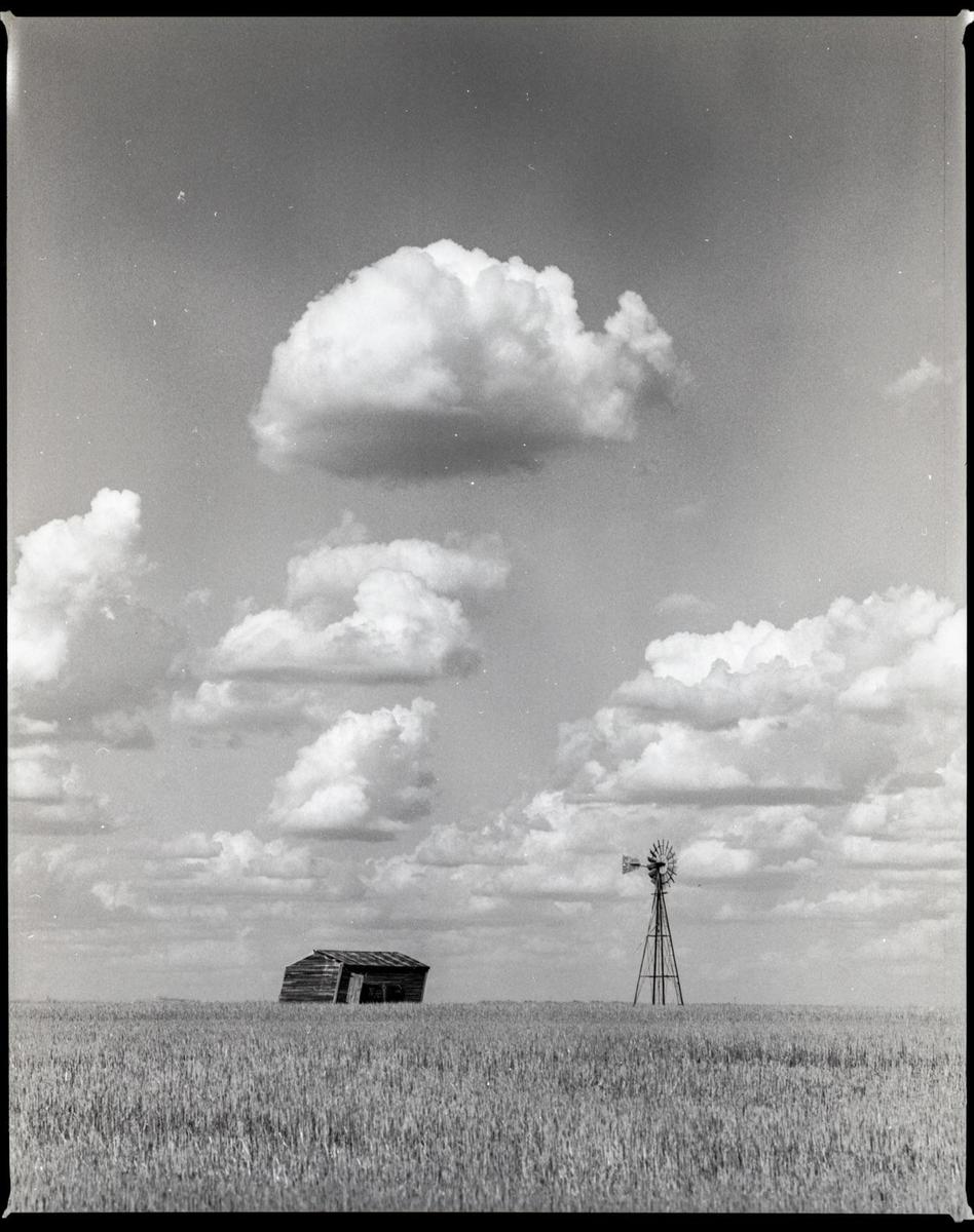 A small wooden shack and a windmill stand in a field under a cloudy sky.