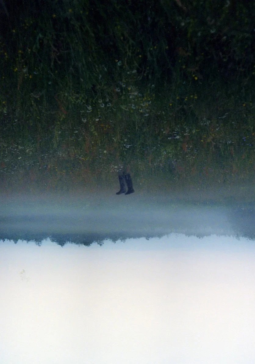 A pair of boots appears to float above a misty landscape with a line of trees and an inverted field of grass and flowers.