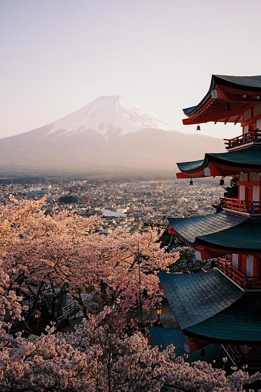 A pagoda and cherry blossoms overlook a town with Mount Fuji in the background.