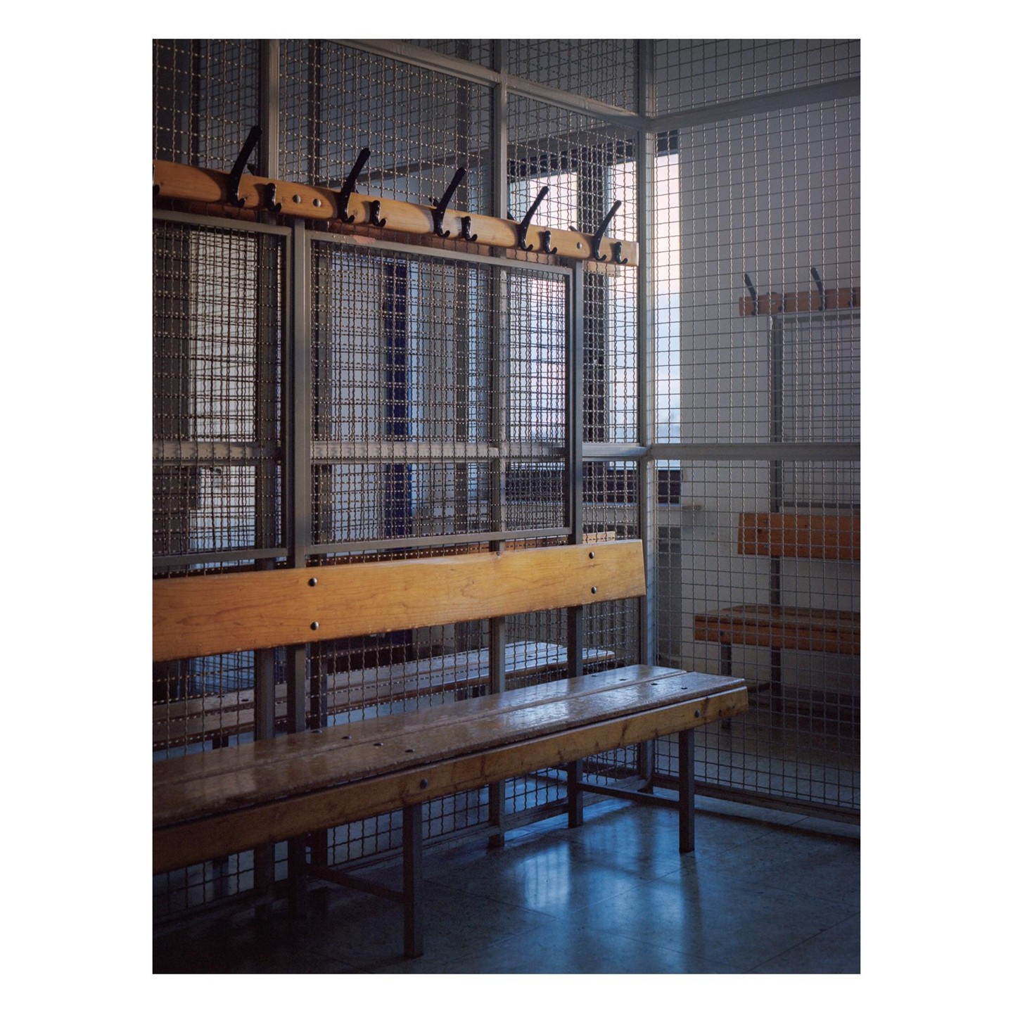 A wooden bench and coat hooks are visible inside a wire mesh enclosure.