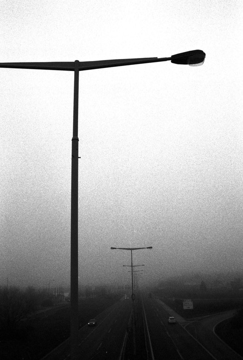 A highway with streetlights extends into the distance on a foggy day.