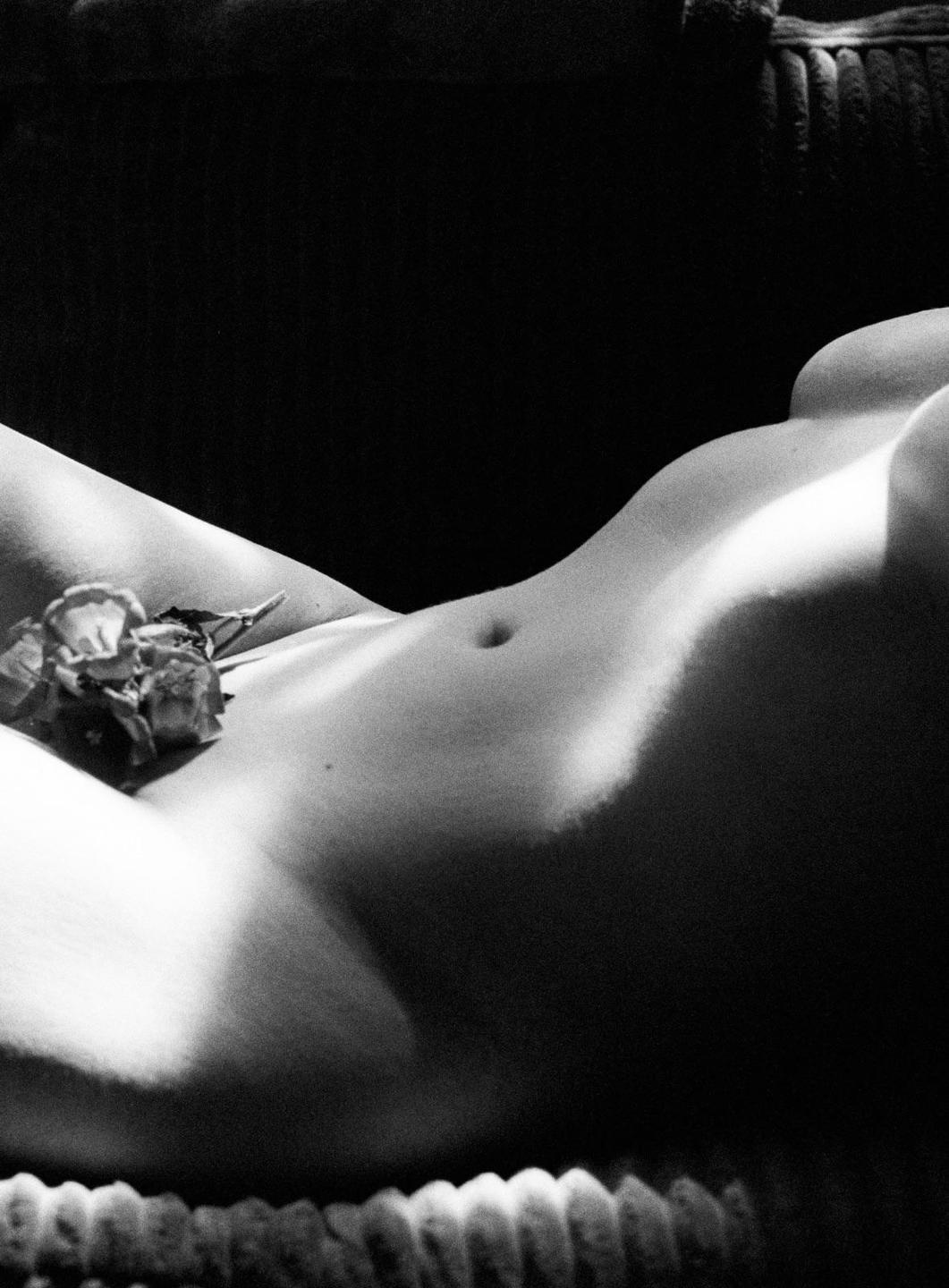 A woman's torso is illuminated by a shaft of light, with a flower resting on her hip.