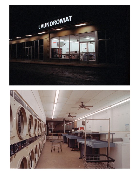 A laundromat is shown at night, with an exterior view above an interior view of washing machines and laundry carts.