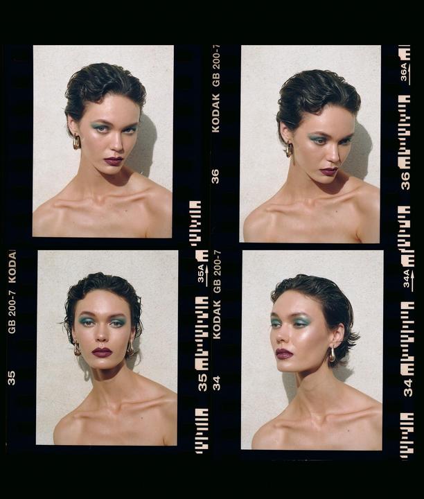 A woman with short, dark hair and dramatic makeup is shown in a four-panel contact sheet.