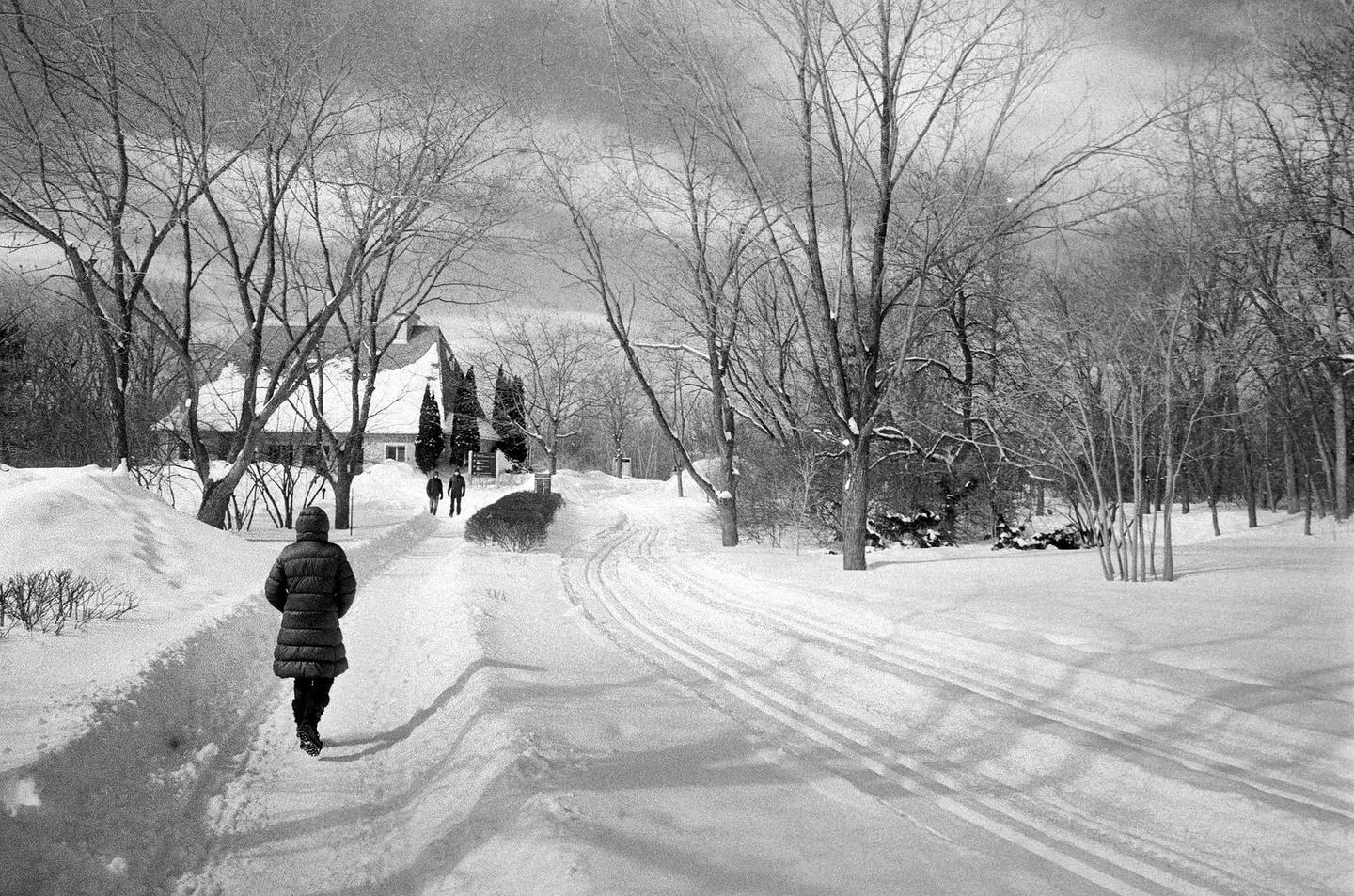 A person walks along a snow-covered path toward a house and two other people in the distance.