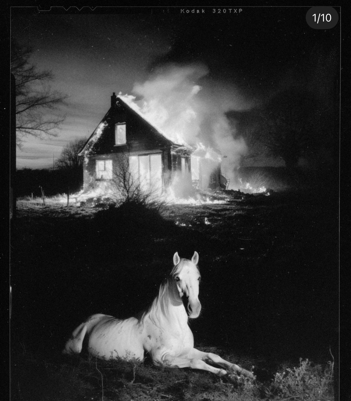 A white horse lies in the foreground while a house burns in the background at night.
