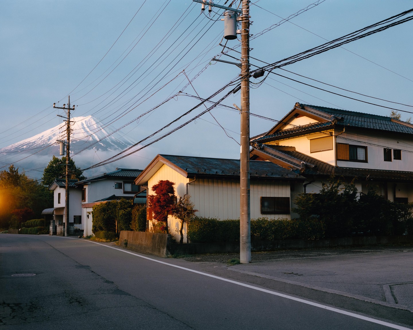 A snow-capped mountain rises above a residential street with houses and power lines.