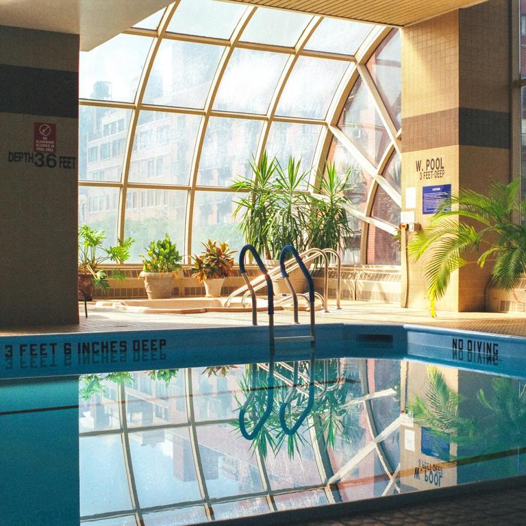 An indoor swimming pool with a glass ceiling and potted plants is illuminated by natural light.