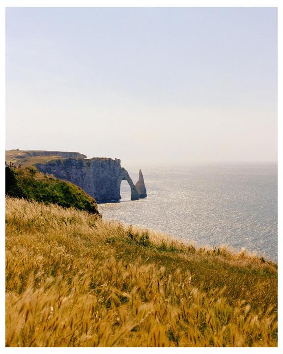 A natural arch rock formation stands in the ocean next to a cliff covered in tall grass.
