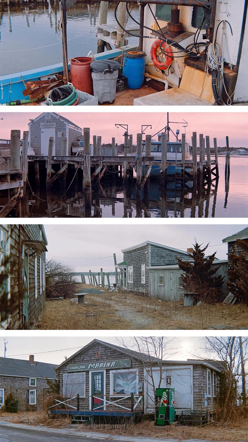 Four images show a boat, a dock with a small building, a waterside shack, and a marina building.