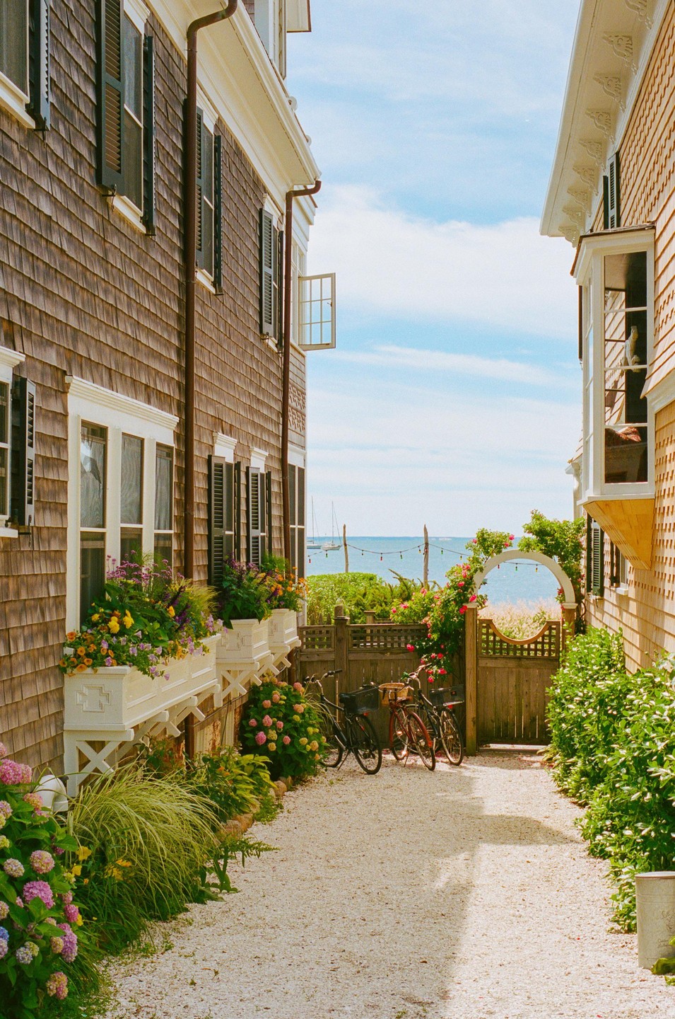 A narrow gravel path leads between two shingled houses towards a wooden gate with an arched trellis, beyond which the ocean and sailboats are visible under a blue sky.
