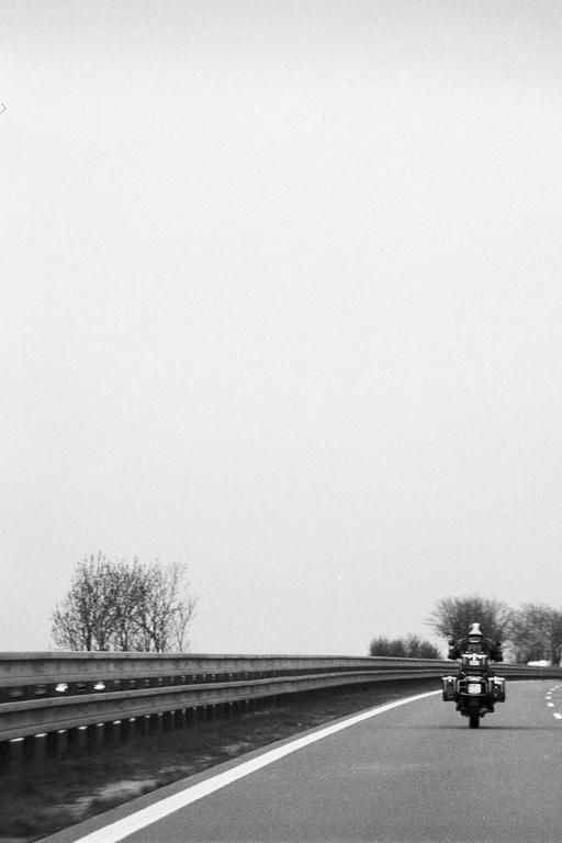 A person on a motorcycle rides down a highway next to a guardrail and trees.
