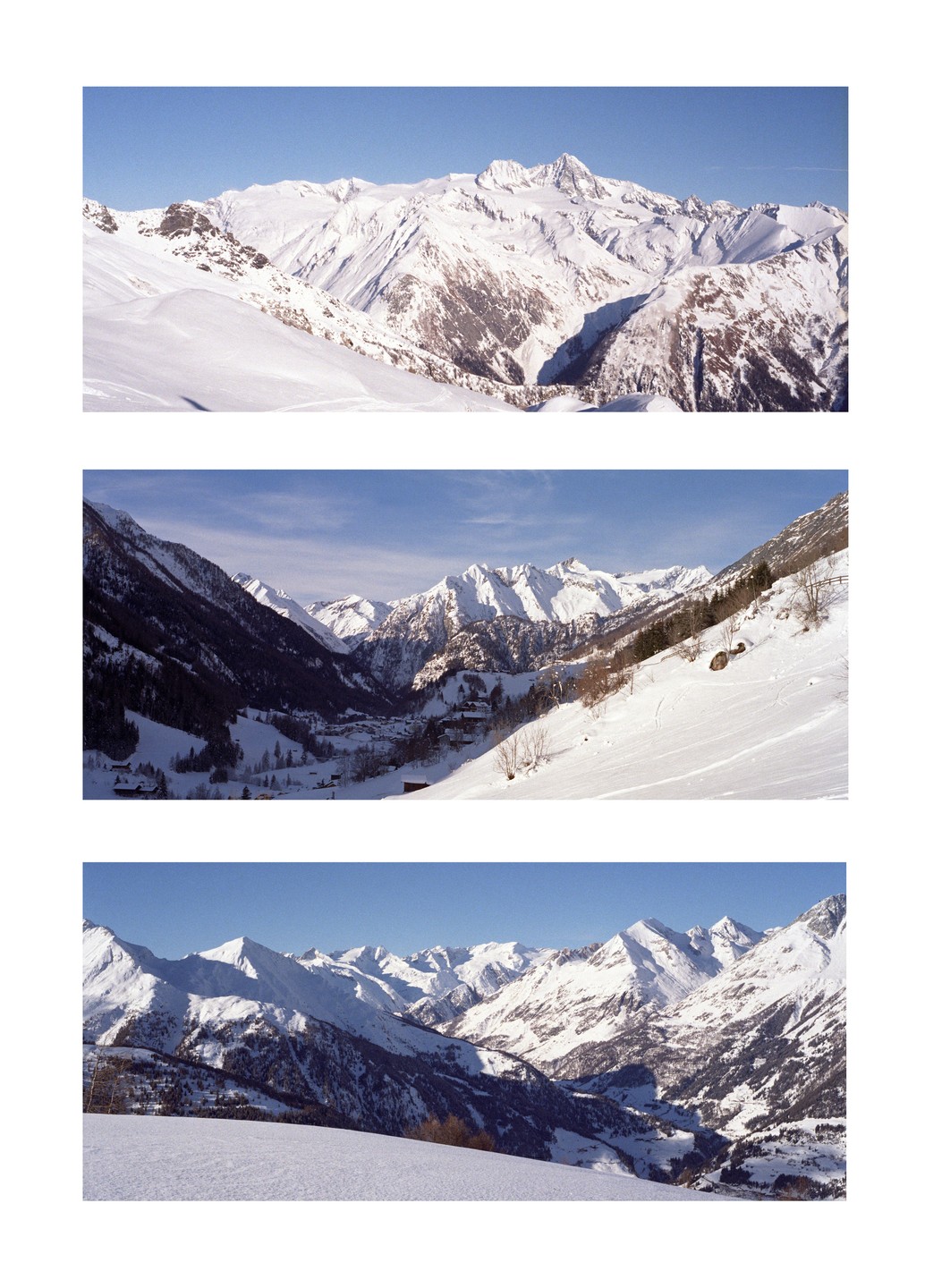 Three landscape images show snow-covered mountains and valleys under a clear sky.