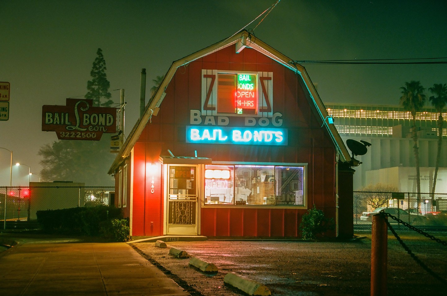 A red barn-shaped building with neon signs for "Bad Dog Bail Bonds" is illuminated at night.