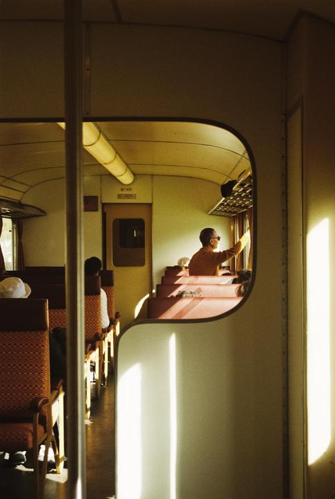 A man looks out a window from inside a train car with sunlight streaming through the windows.