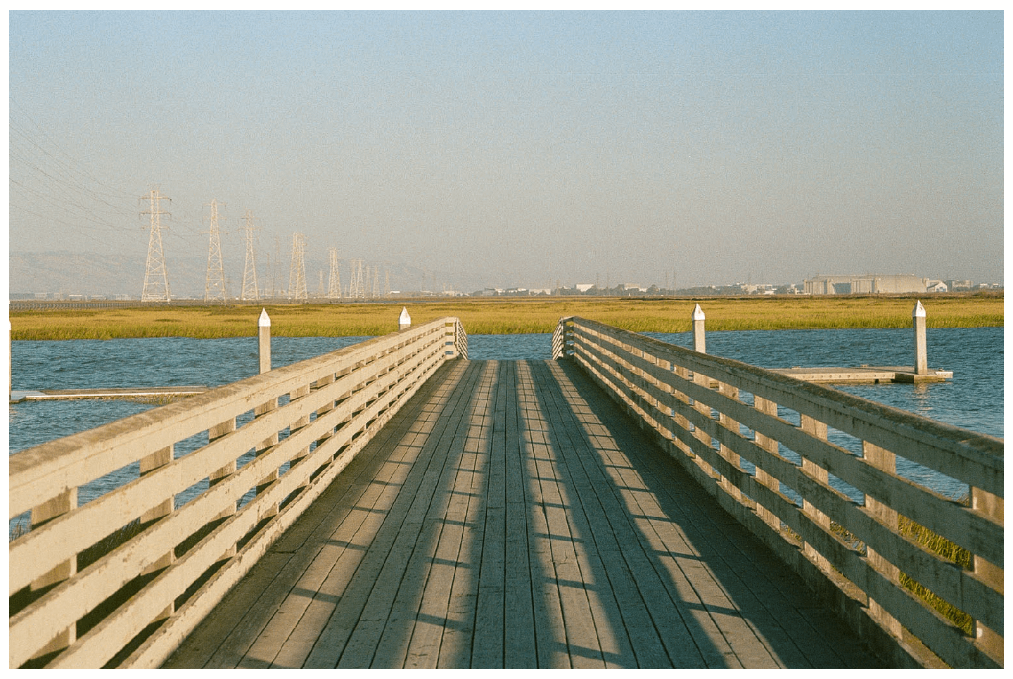 A wooden pier extends into a body of water with marshland and power lines in the distance.
