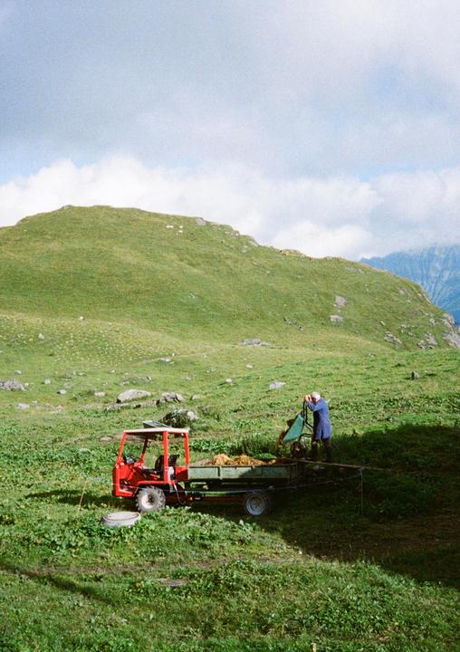 A man in a blue coat is emptying a wheelbarrow into a red tractor with a trailer full of hay in a green, hilly landscape.