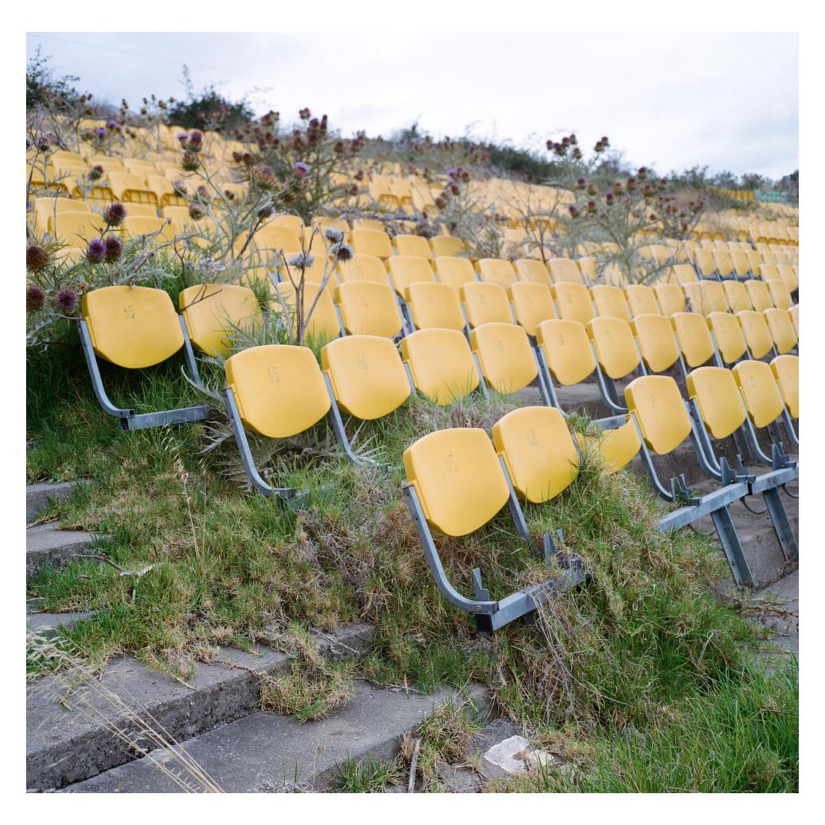 Rows of yellow stadium seats are overgrown with grass and weeds.