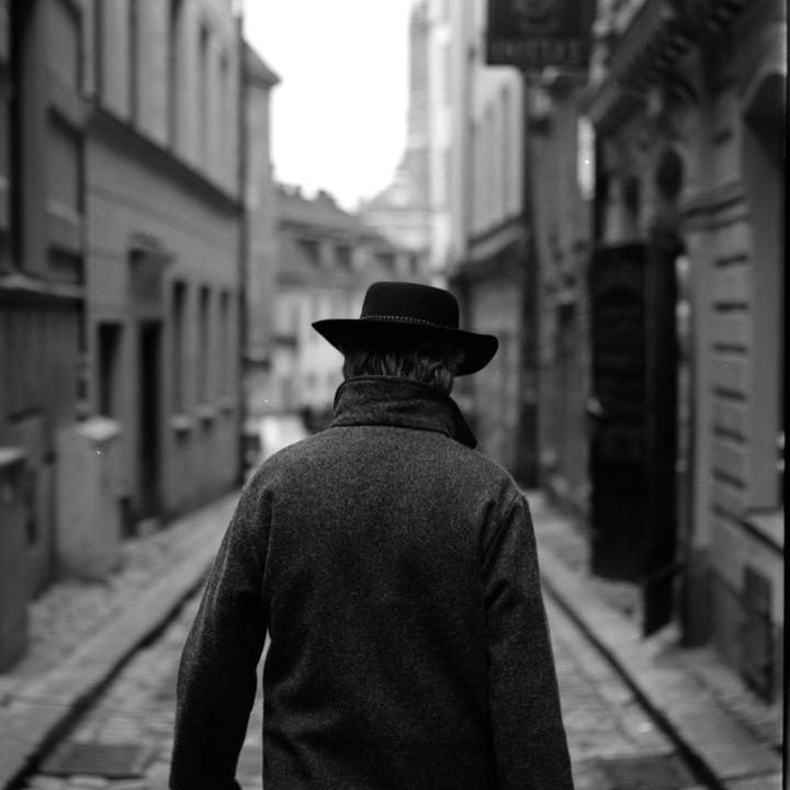 A person wearing a hat and coat walks away down a narrow, cobbled street lined with buildings.